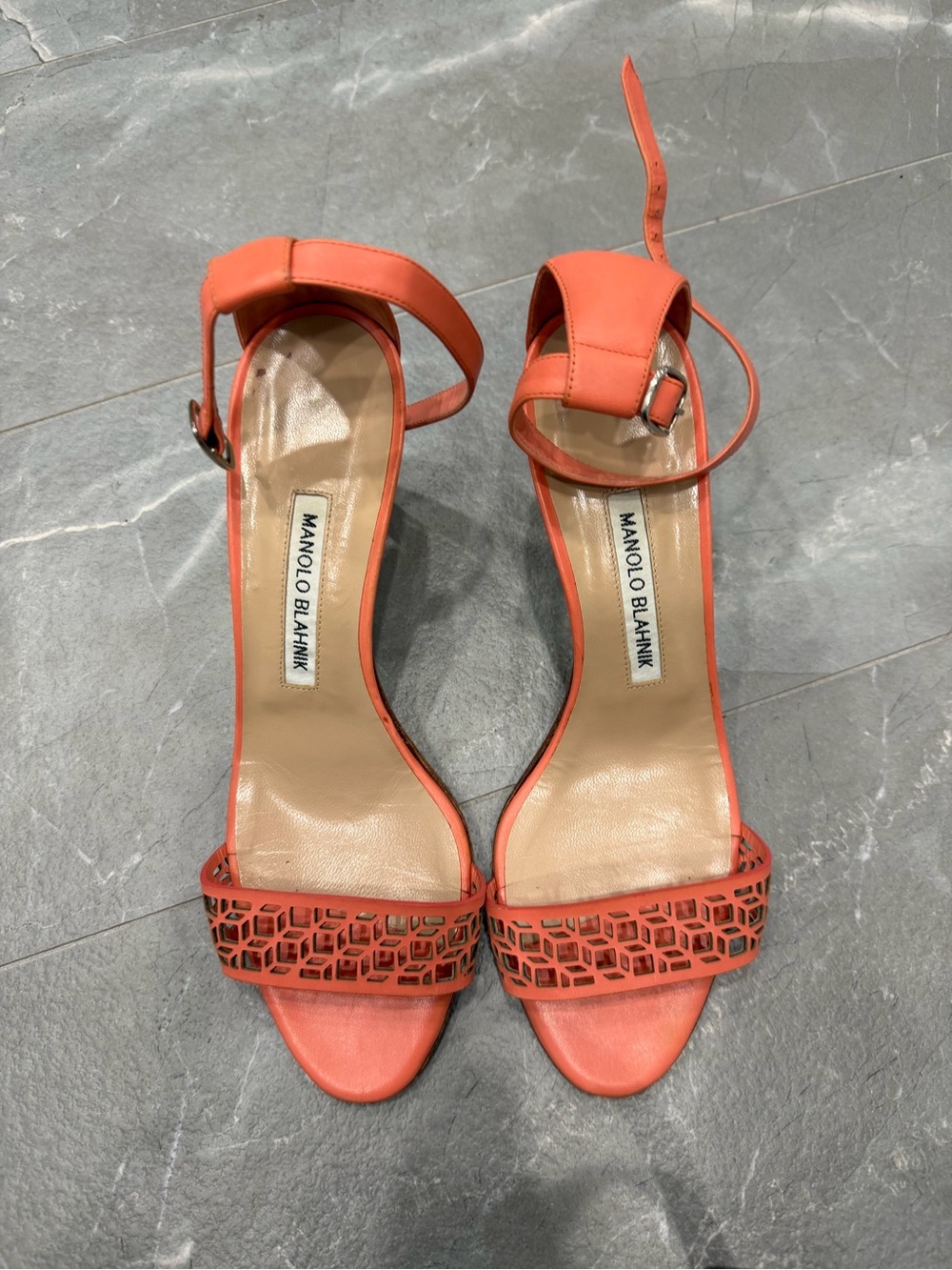 Manolo Blahnik Coral Laser-Cut Ankle-Strap Heels